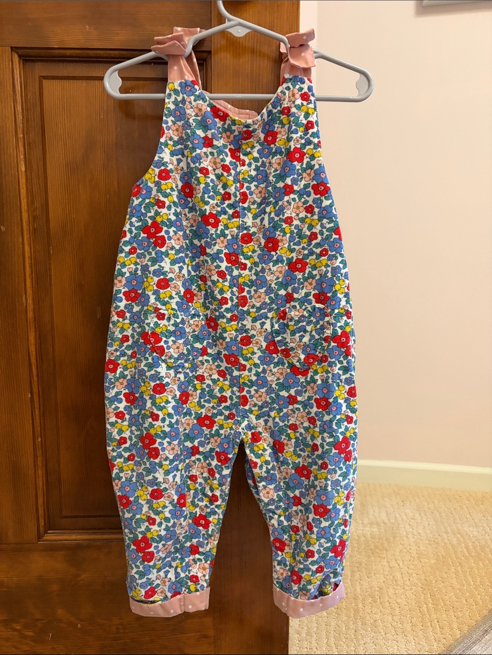 Baby Boden Floral Overalls with Polka Dot Lining and heart pockets - 12-18 month